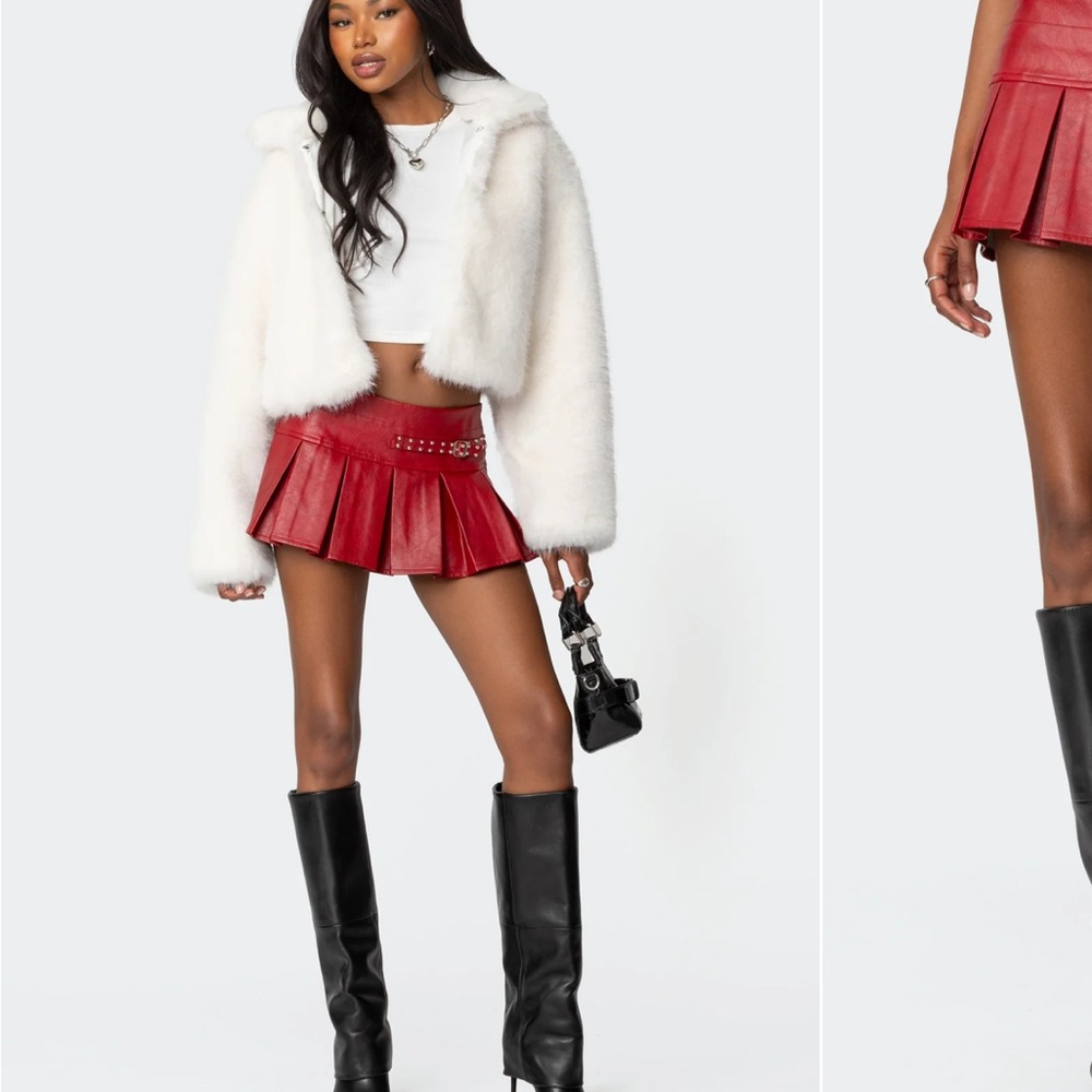 Edikted Red Pleated Skater Skirt with Studs